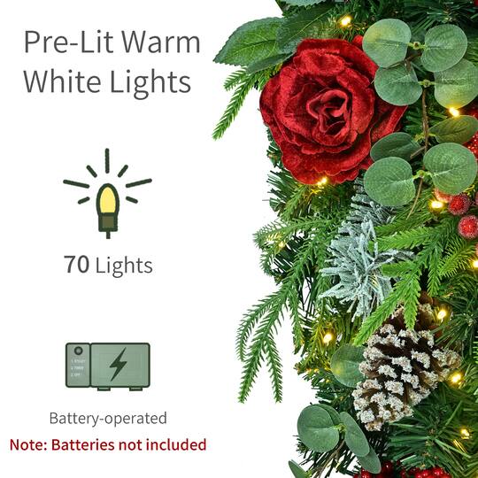 Puleo International 28" Pre-Lit Roses, Pinecones & Leaves Artificial Teardrop Swag